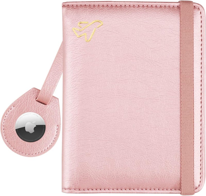 WALNEW AirTag Passport Holder, PU Leather Airtag Wallet RFID Blocking Passport Cover Travel Essentials Case for Women Men (Rosegold) - Image 1